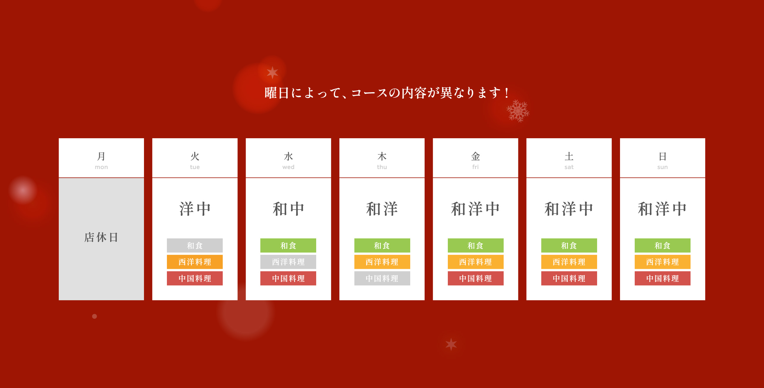 曜日によって、コースの内容が異なります。（月曜日：店休日／火曜日：洋中コース／水曜日：和中コース／木曜日：和洋コース／金・土・日曜日：和洋中コース）