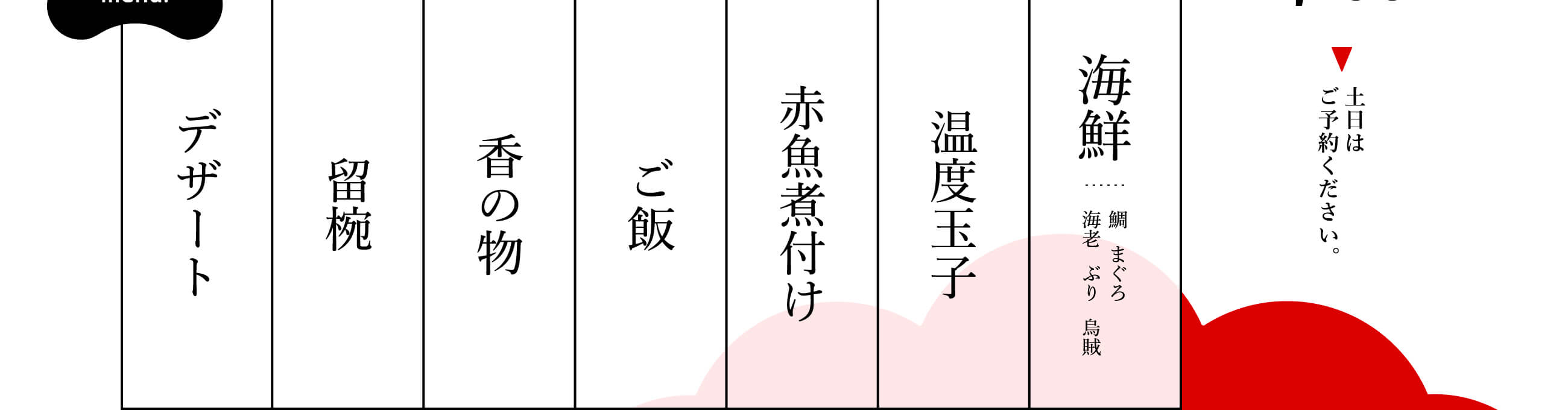 ［土日要予約］NOSETENAI海鮮丼御膳／2,200円（税込）／お品書き［海鮮（鯛・まぐろ・海老・ぶり・烏賊）・温度玉子・赤魚煮付け・ご飯・香の物・留椀・デザート）